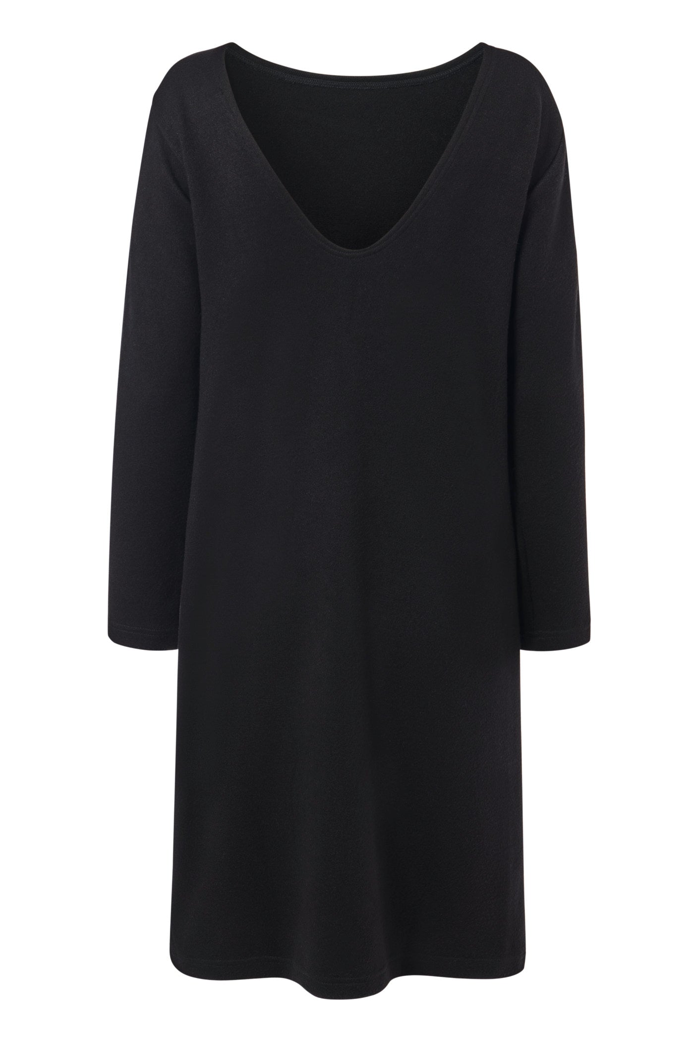 Ein Strickkleid mit Rückenausschnitt in schwarz von der Marke Bellasor. Gezeigt wird die Vorderseite eines freigestellten Strickkleides in schwarz auf weißem Hintergrund.