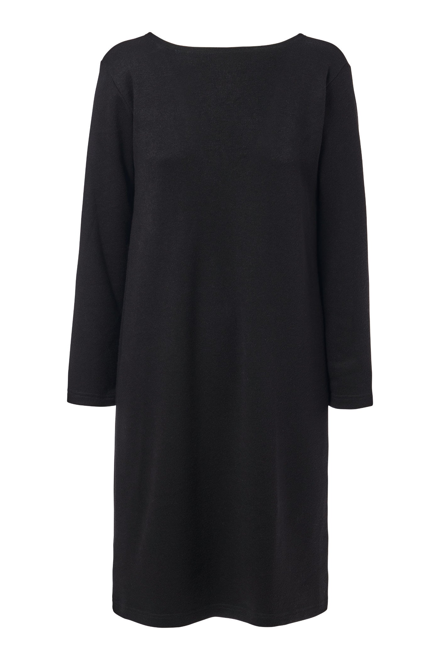 Ein Strickkleid mit Rückenausschnitt in schwarz von der Marke Bellasor. Gezeigt wird die Rückseite eines freigestellten Strickkleides in schwarz auf weißem Hintergrund.